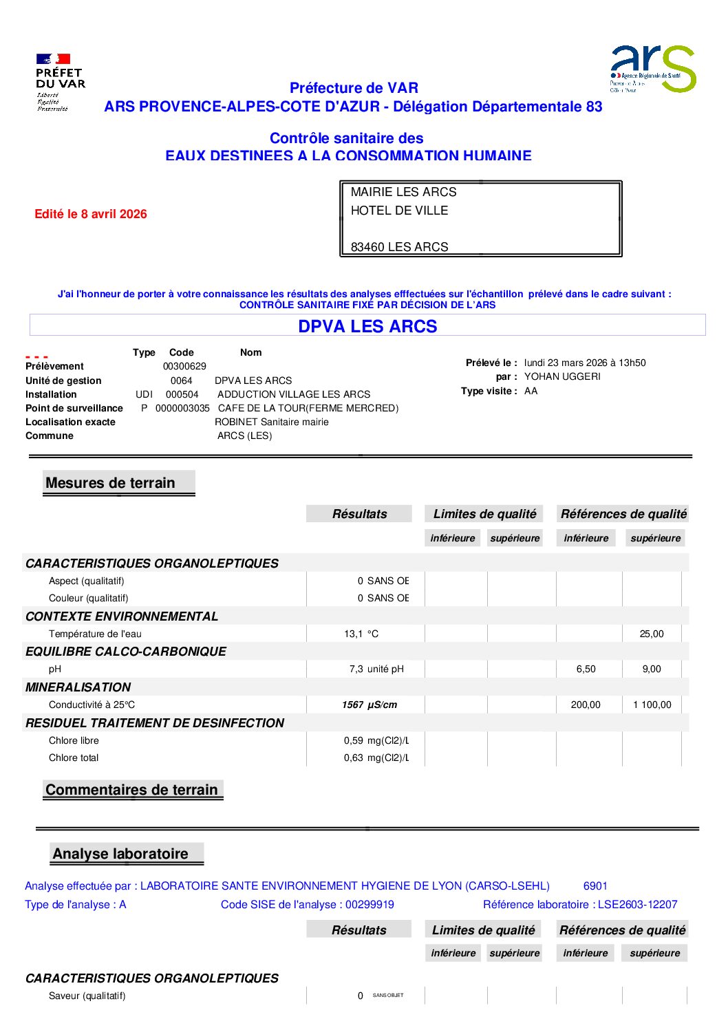 Contrôle sanitaire des eaux destinées à la consommation humaine – 8 avril