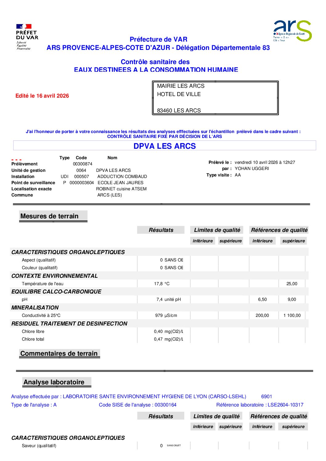 Contrôle sanitaire des eaux destinées à la consommation humaine – 16 avril